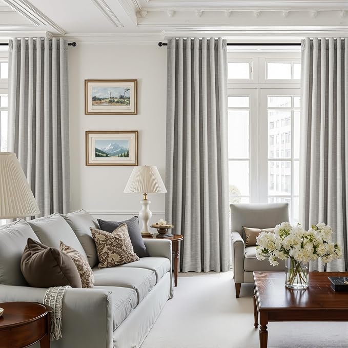 Topfinel Grey Beige Blackout 102 Inch Long Linen Curtains for Bedroom Living Room Darkening, Rod Pocket & Back Tabs Privacy Protection Curtains Minimalist Living Room Drapes Grey Beige 52" W*102" L