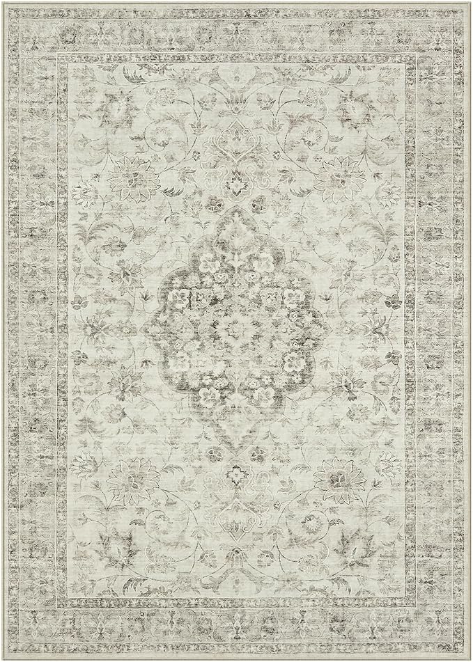 LIVEBOX Washable Area Rug 5x7 Rugs for Living Room Bedroom, Non-Slip Boho Indoor Carpet for Dining Room Office, Low-Pile Farmhouse Soft Carpets for Kids Nursery Room Playroom, Taupe