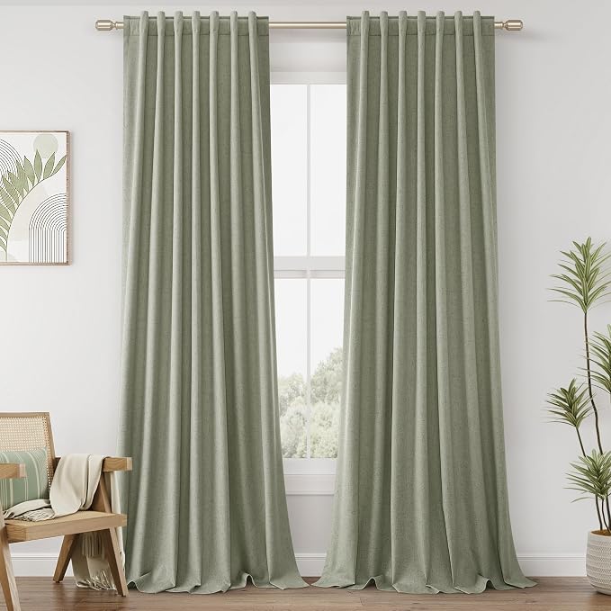 Sage Green 100% Blackout Linen Curtains 102 Inch Length 2 Panels Set for Living Room Bedroom Back Tab Rod Pocket Thermal Insulated Black Out Drapes Room Darkening Farmhosue Window Curtains 52x102