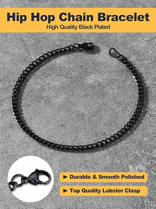 U7 Link Bracelets for Men, Cuban Link/Rope/Watch Band Solid Bracelet, Silver Black Gold Color Wrist Bracelet 3/6/9/12/15mm Width, 6.5/7.5/8.3 Inch Length, Hand Chain Jewelry for Mens Women