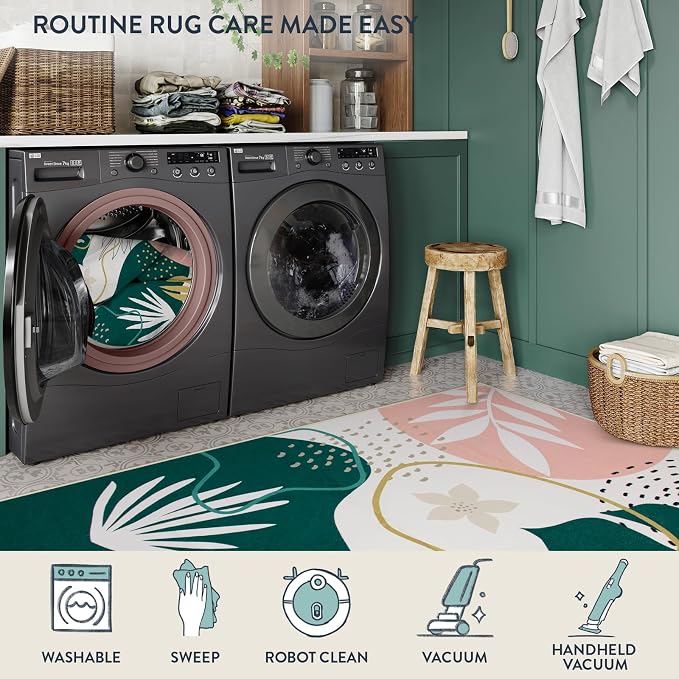 Lahome Washable Rug 5x7 - Rugs for Living Room 5x7 Non-Slip Ultra-Thin Carpet for Bedroom Cute Soft Kids Nursery Rug, Boho Botanical Print Indoor Floor Rug for Entryway Office (5'x7',Green/Pink)