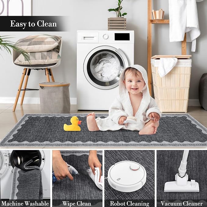 8x10 Scalloped Area Rugs Grey Washable Living Room Bedroom Rug | Solid Tan Rug for Bedroom Girls, Non Slip Throw Carpet With Rubber Back, Soft Dorm Nursery Scalloped Rugs for Dining Room
