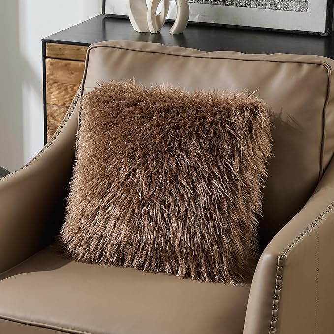 FUTEI Pack of 2 Shaggy Mongolian Faux Wool Throw Pillow Covers 18x18 Inch Soft Fluffy Farmhouse Decorative Cushion Case for Couch Bed Living Room, Dark Brown