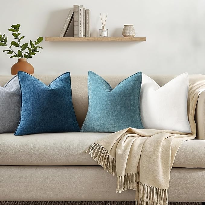 decorUhome Chenille Teal Velvet Throw Pillow Covers 16x16 Set of 2 | Fall Soft Couch Decorative Modern Farmhouse Pillow Cases with Elegant Design for Sofa Bed Living Room Home Decor