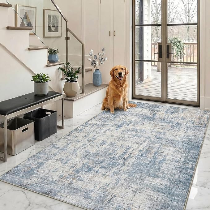 4x6 Area Rugs Washable Living Room Rug-No Slip Soft Carpets Modern Abstract Coastal Indoor Floor Stain Resistant Carpet for Bedroom Dining Room Farmhouse Nursery Home Office Blue