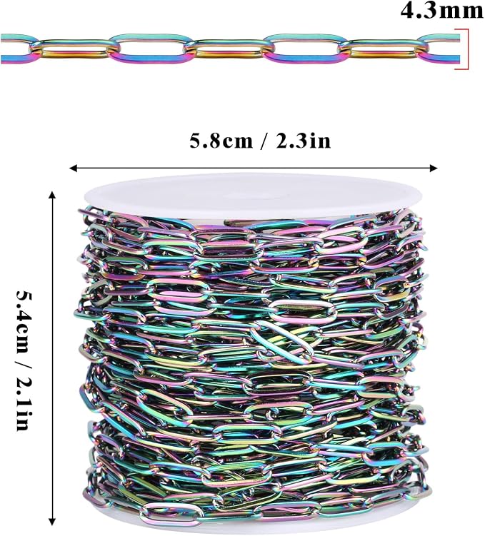 [16.5 Ft] Stainless Steel Paperclip Chains Roll, 4.3mm Width Rainbow Plated Stainless Steel Oval Link Chains Spool Bulk for Jewelry Making