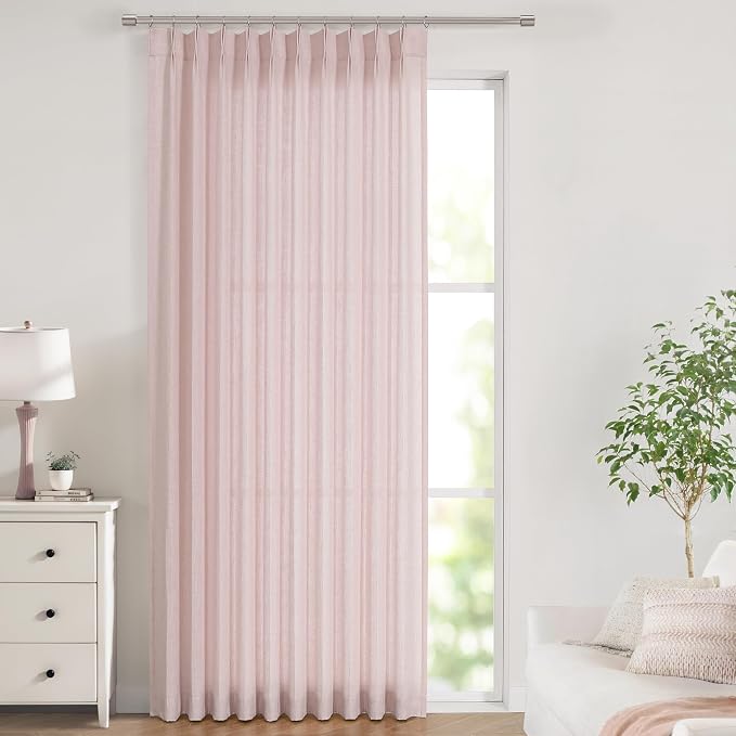Vision Home Soft Pink Pinch Pleated Semi Sheer Curtains Textured Linen Blended Light Filtering Window Curtains 120 inch for Living Room Bedroom Patio Pinch Pleat Drapes with Hooks 10FT 60" Wx120 Lx1