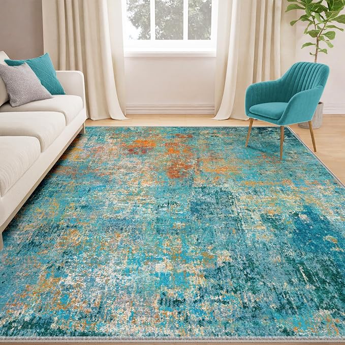 RELEANY Washable Area Rugs 7'x9' Non-Slip Modern Abstract Soft for Living Room Entryway Bedroom Kitchen, Print Pattern, Teal Blue Green Orange Rust Red Coloreful