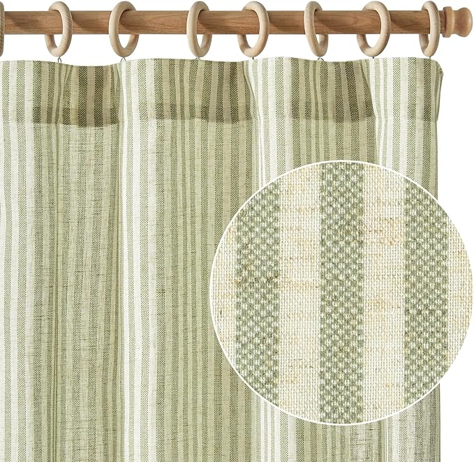jinchan Linen Curtains 84 Inch Sage Green Stripe on Beige Back Tab 2 Panels | Curtains For Living Room Bedroom,Ticking Stripe, Farmhouse Cottage Core Rustic,Rod Pocket Window Treatment,Light Filtering