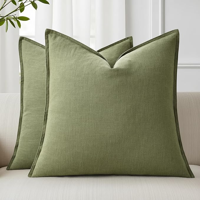 decorUhome Fall Olive Green Linen Throw Pillow Covers 16x16 Set of 2 | Decorative Soft Cozy Modern Farmhouse Boho Accent Pillow Cases with Flange Edges for Couch Bed Sofa Living Room Home Decor
