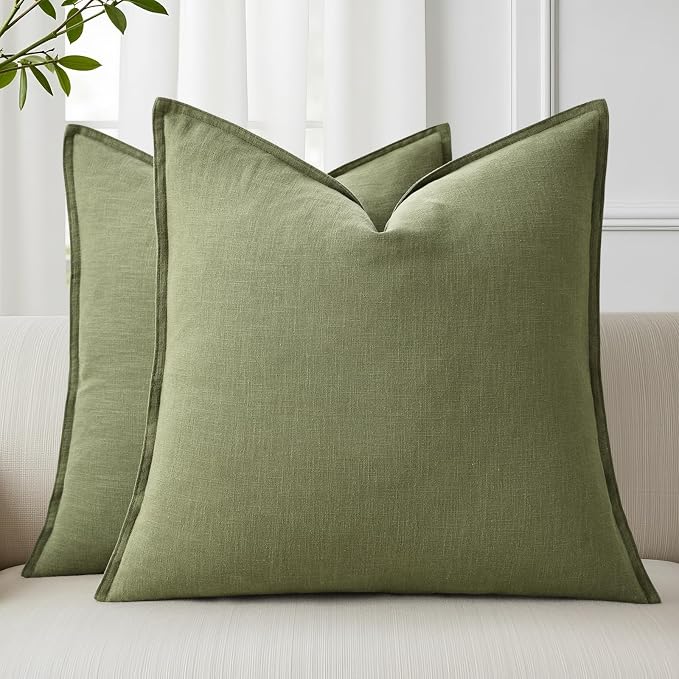 decorUhome Fall Olive Green Linen Throw Pillow Covers 18x18 Set of 2 | Decorative Soft Cozy Modern Farmhouse Boho Accent Pillow Cases with Flange Edges for Couch Bed Sofa Living Room Home Decor