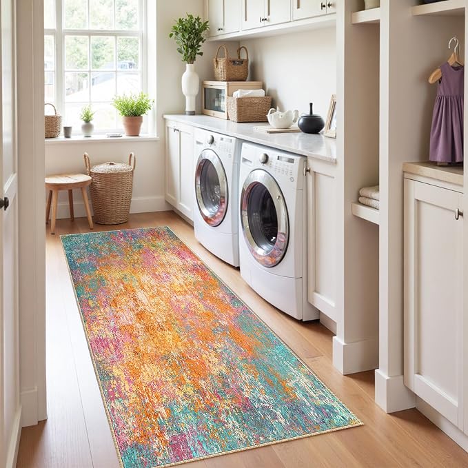 RELEANY Washable Area Rugs 2'x8' Non-Slip Modern Abstract Soft for Living Room Entryway Bedroom Kitchen, Print Pattern, Orange Blue Pink Yellow Colorful