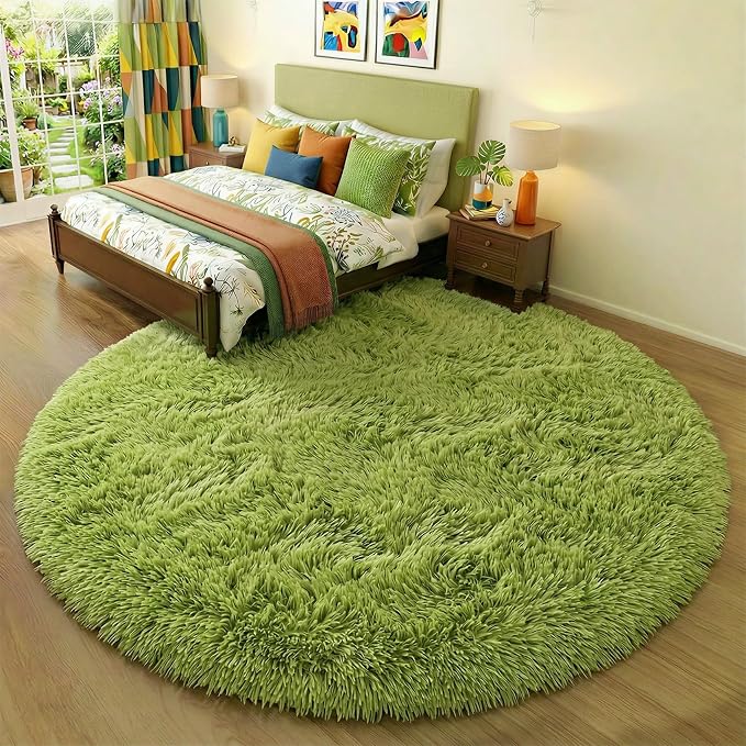 Amdrebio Grass Green Round Rugs 6Ft for Living Room Bedroom Decor Aesthetic, Large Fluffy Shaggy Circle Area Rug for Kids Playroom Baby Nursery, Big Soft Shag Fuzzy Modern Cool Floor Circular Carpet