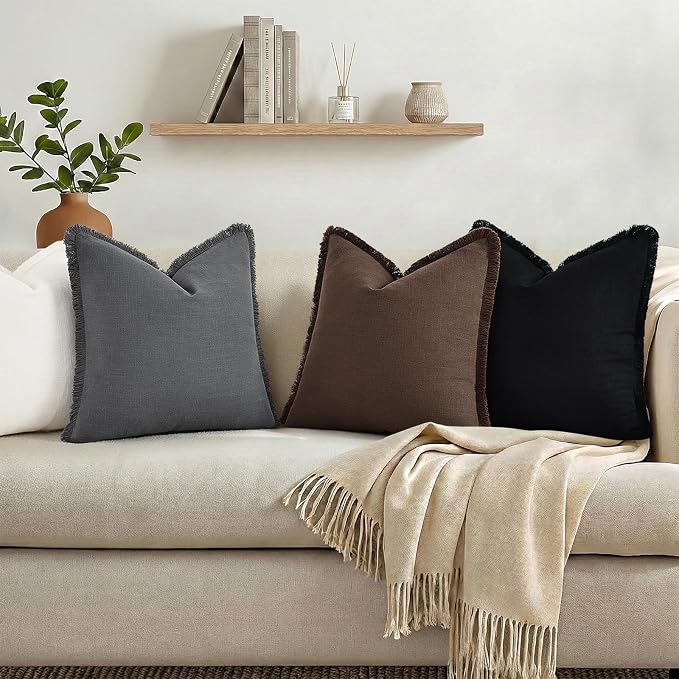 decorUhome Linen Fringe Chocolate Throw Pillow Covers 26x26 Set of 2 | Euro Sham Decorative Soft Accent Modern Boho Farmhouse Cushion Covers with Tassels Cotton Pillow Covers for Couch Bed Sofa