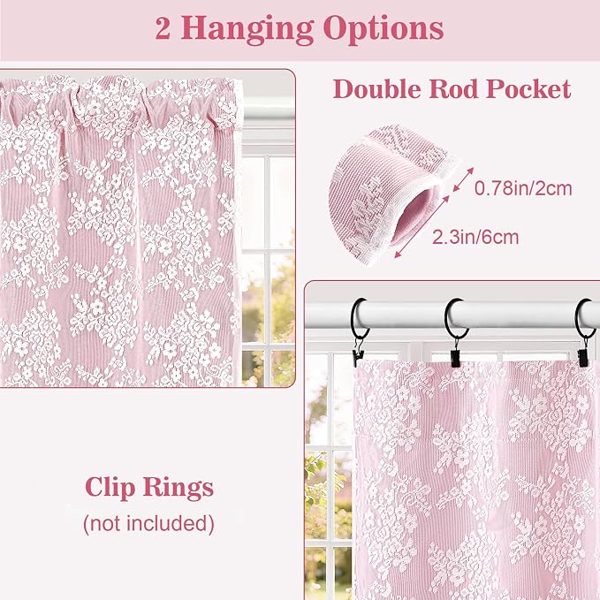 Yinhua Pink Kitchen Curtains 36 Inch Length Double Layer Blackout Cafe Curtains with Floral Sheer Overlay Rod Pocket Short Curtain for Windows, Small Window Curtain for Bathroom, Living Room, 2 Panels