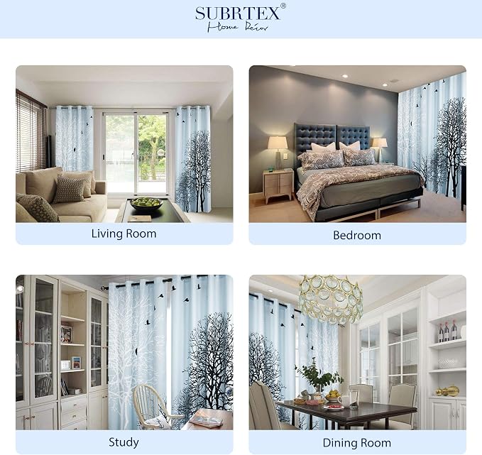 SUBRTEX Boho Leaf Printed Curtains 63 inch Long 2 Panels, Room Darkening Vibrant Floral Drapes, 50% Blackout Light Flitering Semi Sheer Farmhouse Curtains for Living Room, 52Wx63L, Light Blue Leaf