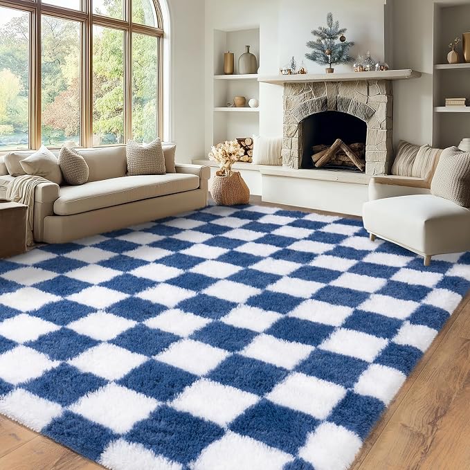 Checkered Rugs for Living Room, 5x7 Area Rug for Bedroom | Shaggy Shag Carpet, Soft and Comfy, Non Slip Big Fuzzy Carpet for Bedroom Nursery Kids Girls Boys Room Dorm Home Decor