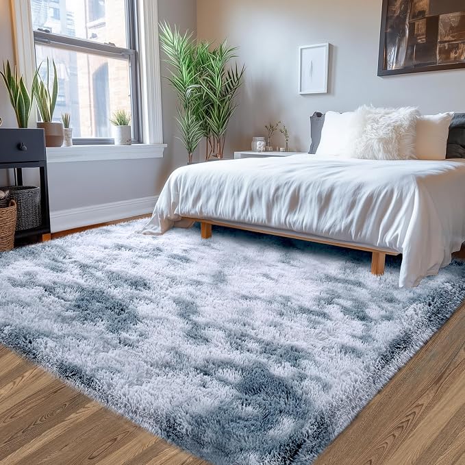 Fluffy Area Rug for Living Room: 6x9 Shag Rugs for Living Room- 6x9 Feet Fluffy Rugs- Shag Tie-Dyed Light Grey Rugs Soft Fuzzy Carpets for Bedroom, Nursery (Tie-Dyed Light Grey,6x9)