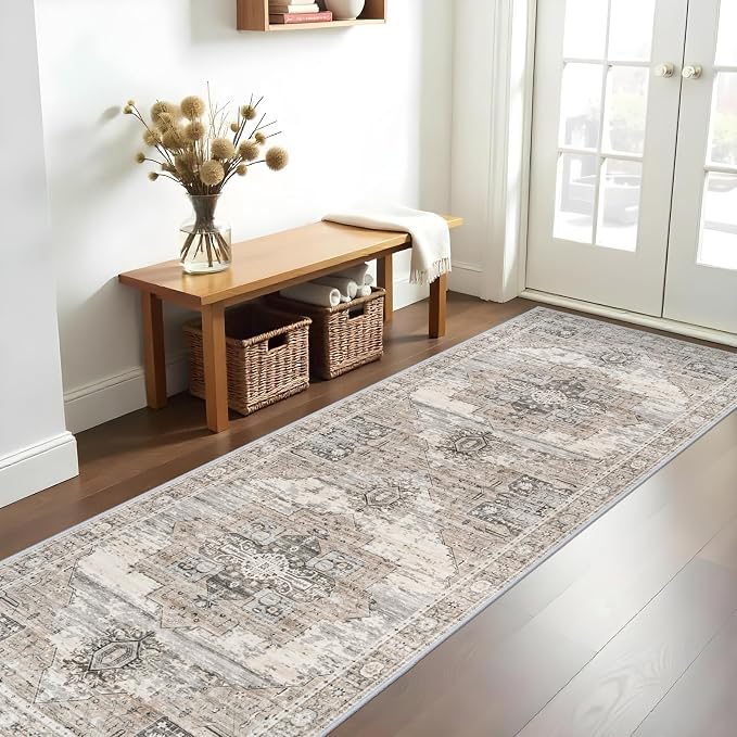 RUUGME Washable Runner Rug 3x10 - Vintage Hallway Carpet Runner for Living Room Kitchen Stain Resistant Rugs Tribal Carpets with Non Slip Backing Floor Decoration Mat for Bedroom Bathroom 3x10 Beige