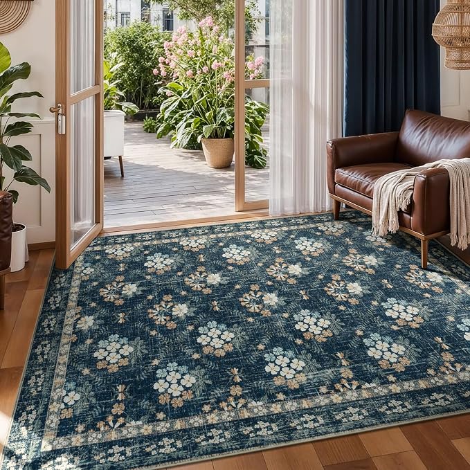 Lessymo Floral Living Room Rug 5x7, Soft Washable Area Rugs for Bed Room Dining Room, Soft Low Pile Carpet with Non Slip Backing Distressed Indoor Boho Carpet, Navy/Beige