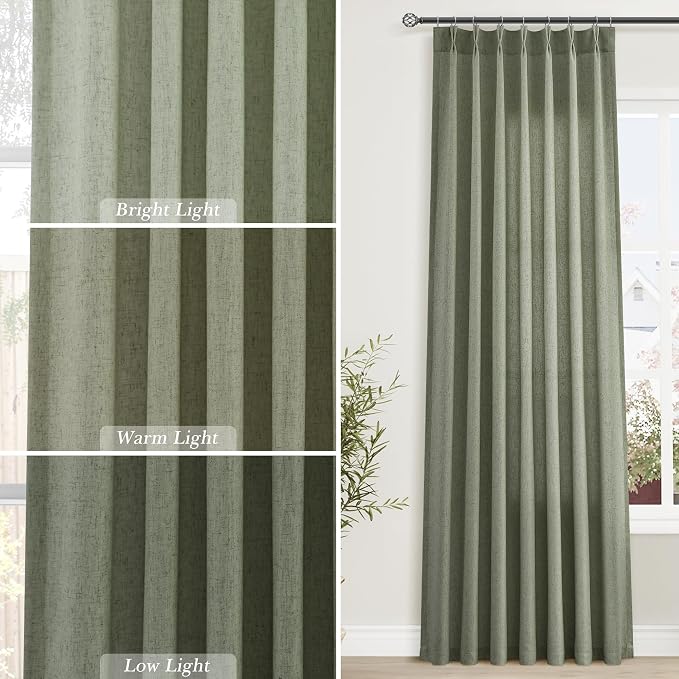 Light Sage Linen Pinch Pleated Curtains 90 Inches 2 Panels Set Rod Pocket Back Tab Semi Sheer Modern Farmhouse Drapes Light Filtering Flax Texture Fabric Window Treatments for Bedroom 40x90 Green