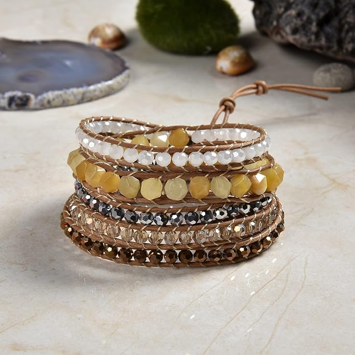 MGR MY GEMS ROCK! 35-Inch Long Multi-Layer Hand Crafted Gemstone and Crystal Multi-Stone Beaded on Genuine Leather Boho Style Stackable Super Wrap Bracelet, up to 5 Wraps.