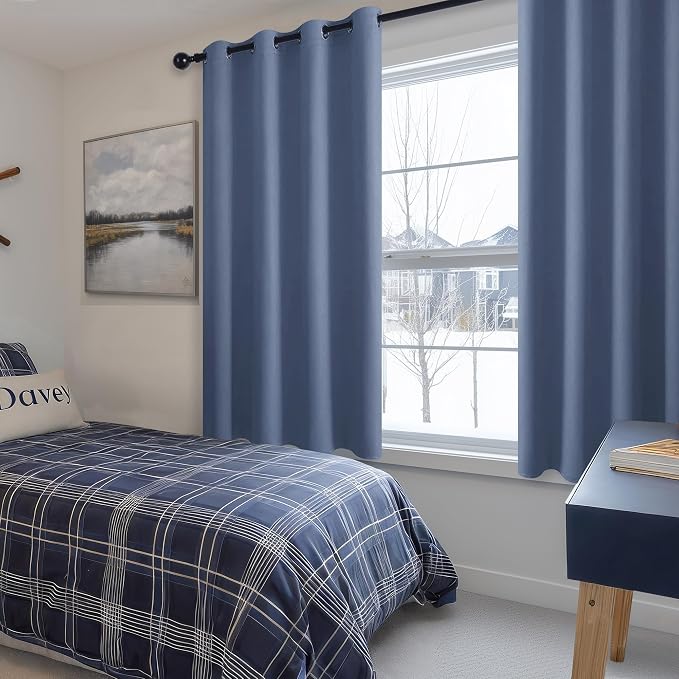 Hiasan Blackout Curtains for Bedroom - Thermal Insulated & Energy Saving Window Curtains for Living Room/Kids Room, 2 Drape Panels Sewn with Tiebacks, Blue Haze, 52 x 45 Inch