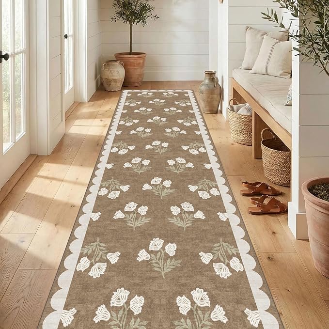 Non Slip Washable Hallway Runner Rug - 2.5x10 Long Tan Kitchen Runner Rug Soft Boho Runners for Hallways Cottage Floral Scalloped Area Rug for Bedroom Entryway Foyer Bathroom Double Vanity
