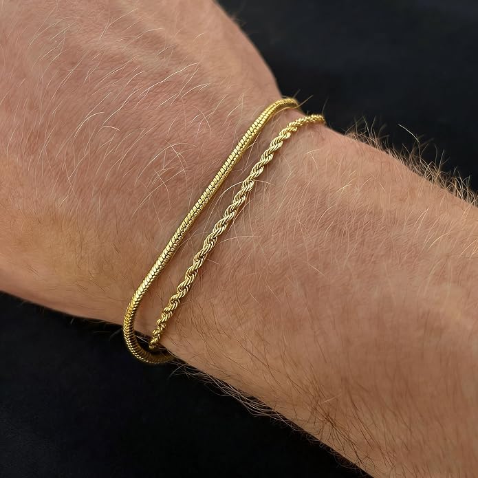 Gold Bracelets for Men Trendy - Dainty Gold Plated Stainless Steel Snake Link Bracelet Stack Rope Figaro Herringbone Chain Bracelets Set Adjustable Cuban Link Bracelet for Men Birthday Gifts for Man