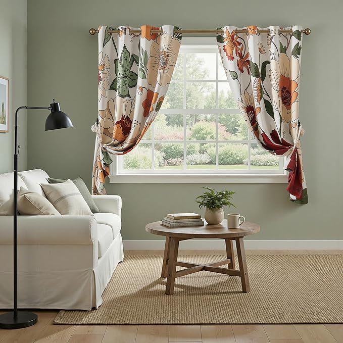 jinchan Beige Boho Floral Blackout Curtains 63 Inch Grommet 2 Panels | Room darkening, Vintage, living room, bedroom, privacy, floral print, flower pattern, fall decor, window treatments