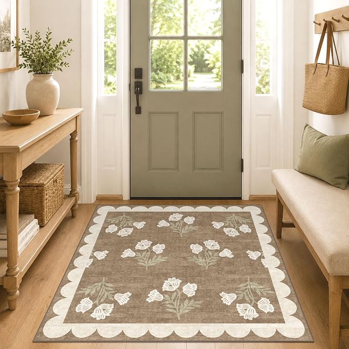 Tan Square Rug 4ft - Soft Washable Boho Farmhouse Square Entryway Rug Non Slip 4x4 Stain Resistant Cottage Floral Scalloped Throw Rugs for Living Room Bedroom Dining Room Bathroom Nursery