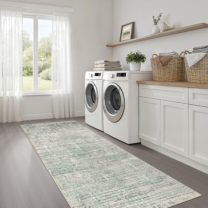 Runner Rug Non-Slip Kitchen Rug: 2x6 Washable Abstract Modern Soft Stain Resistant Indoor Floor Neutral Accent Throw Carpet for Hallway Bathroom Laundry Room Bedroom Entryway- Green