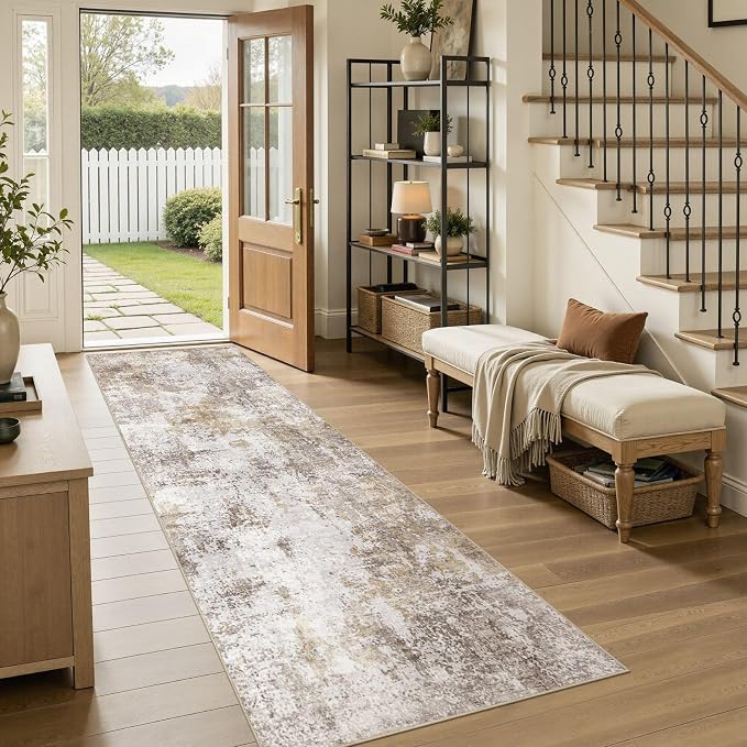 Washable Runner Rug 3x8, Non Slip Neutral Area Rug for Hallway | Modern Abstract Carpet, Stain Resistant and Kid & Pet Friendly, Made for Kitchen, Bedroom, Laundry, Kitchen - Gold Brown
