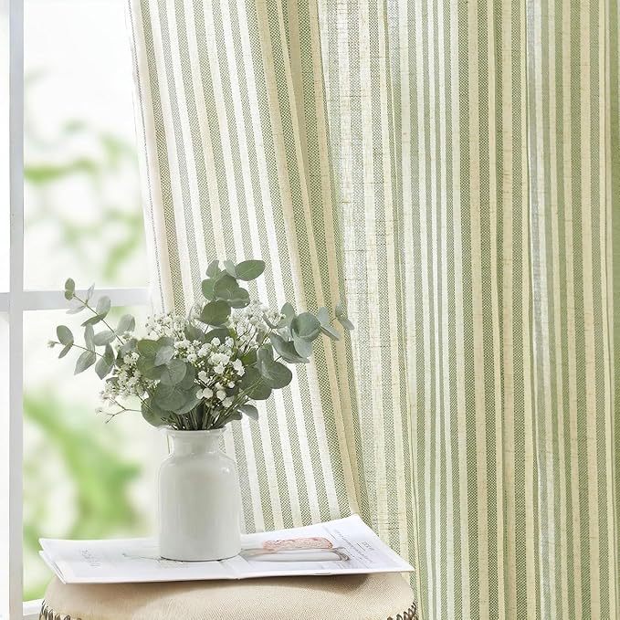 jinchan Linen Curtains 108 inch Sage Green Stripe on Beige Grommet 2 Panels | Curtains for Living Room Bedroom,Ticking Stripe Pattern,Pinstripe Farmhouse Rustic,Window Treatment,Light Filtering