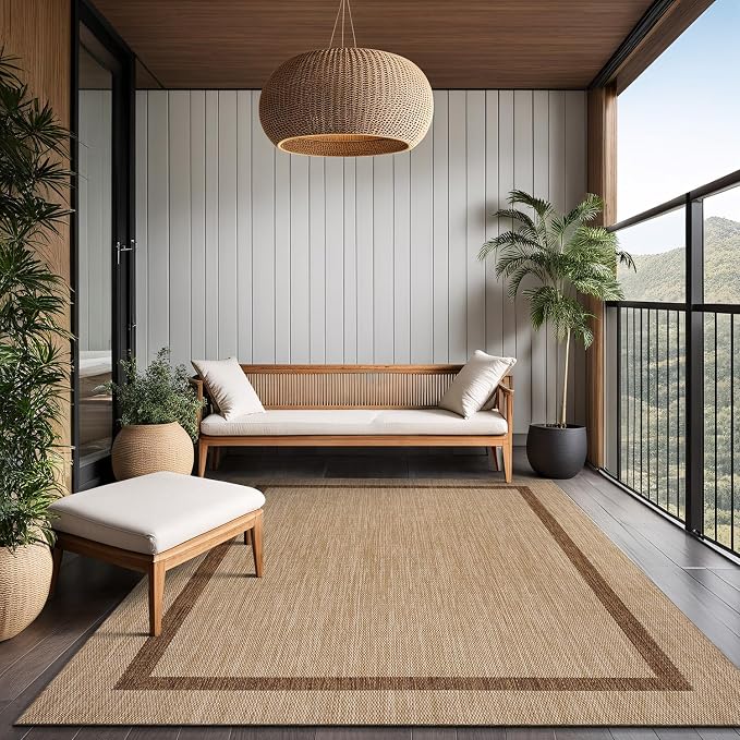 Luul Home Bordered Outdoor Rug 6x9 Washable Outside Carpet for Indoor Patio Porch Waterproof Easy Cleaning Non Shedding Area Rugs Jute Beige - Nut Brown 6 x 9