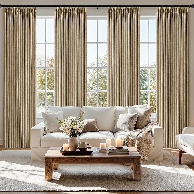 MIULEE Pinch Pleated Thick Linen Curtains 90 Inch 4 Panels Set Back Tab Memory Trained Pinch Pleat Semi Sheer Light Filtering Privacy Let Light in Window Drapes for Living Room Bedroom Copper Brown