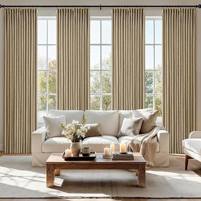 MIULEE Pinch Pleated Thick Linen Curtains 84 Inch 4 Panels Set Back Tab Memory Trained Pinch Pleat Semi Sheer Light Filtering Privacy Let Light in Window Drapes for Living Room Bedroom Copper Brown
