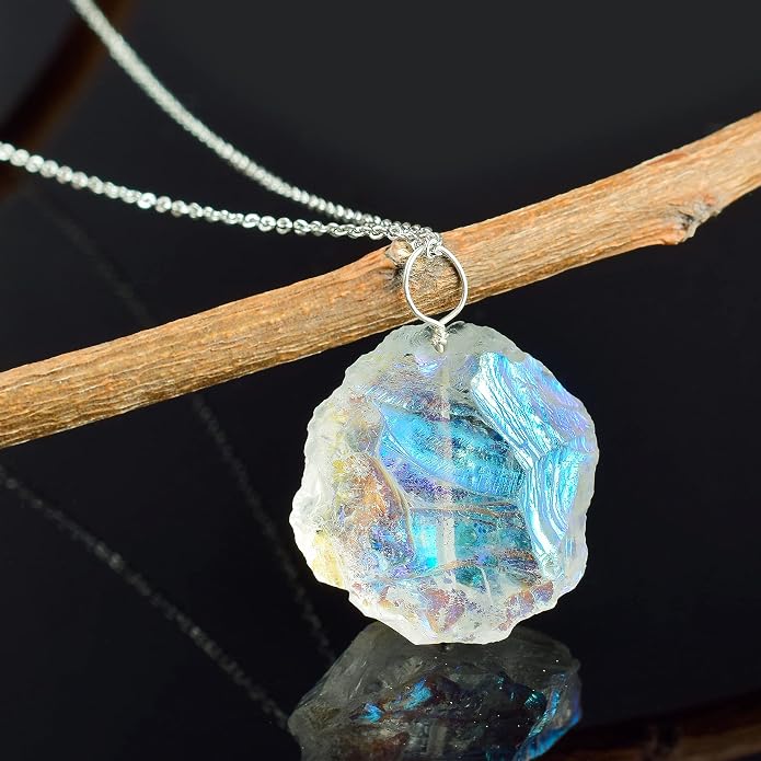 Natural Angel Aura Quartz Crystals Pendant Necklace, Cabochon Gemstone, Energy Healing Crystals, Birthday, Gift for Her, Gemstone Jewelry 18 inch AAA+ Quality