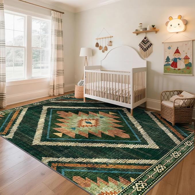 Boho Washable Area Rugs 6x9ft, Large Living Room Area Rug Non Slip, Green Moroccan Bedroom Carpets, Non Shedding Thin Soft Floor Carpet for Dining Room Nursery Home Office
