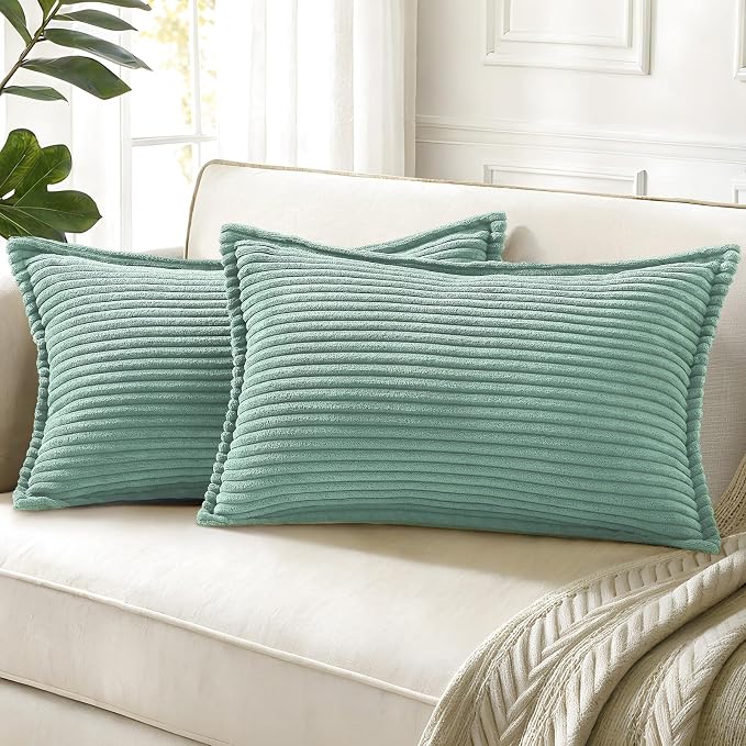 decorUhome Fall Corduroy Teal Throw Pillow Covers 12x20 Set of 2 | Lumbar Couch Decorative Soft Modern Boho Farmhouse Pillow Covers Broadside Striped Pillow Cases for Living Room Bed Sofa