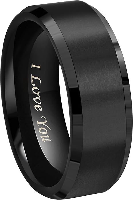 Crownal 4mm 6mm 8mm Black/Silver/Gunmetal/Gold Tungsten Wedding Couple Bands Rings Men Women Matte Brushed Finish Center Engraved "I Love You" Size 4 To 17