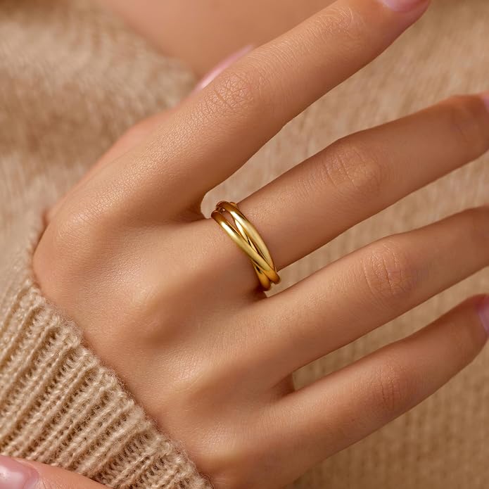 14K Gold Plated Interlocking Fidget Anxiety Ring 925 Sterling Silver Stackble Rings for Women Men Rolling Triple Spinner Ring Minimalist Trendy Knuckle Rings Jewelry Birthday Graduation Gifts