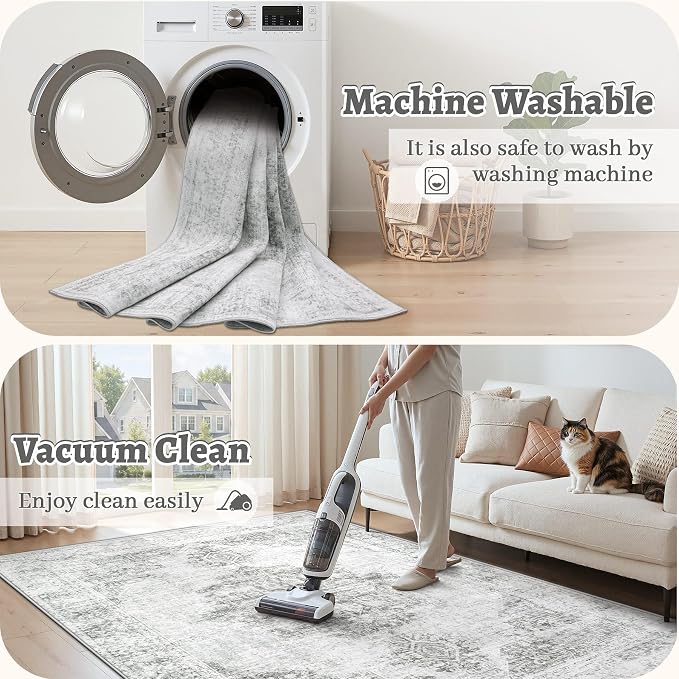 5X7 Area Rugs for Living Room, Washable Rugs Gray Vintage Medallion Non-Slip Soft Low Pile Rug Large Indoor Retro Carpet for Bedroom Dining Room Home Office Nursery Room(Gray,5'x7')