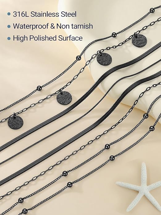 PROSTEEL Ankle Bracelets for Women Waterproof, Layered Stainless Steel Summer Beach anklets, Silver/Gold 8-10.5 Inch Adjustable, Come with Box