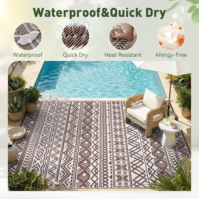 MontVoo Outdoor Rug 8x10 Waterproof Outdoor Patio Rug Mat Reverisble Plastic Straw Outdoor Rug for RV Camping Picnic Beach Balcony Boho Beige Brown