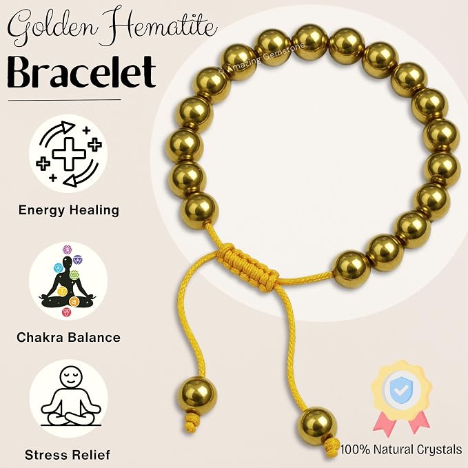 Amazing Gemstone Golden Hematite Bracelet, Gifts for Men & Women - Protection Healing Crystal Bracelet - 8mm Gemstone Beaded Adjustable Bracelet, Pulseras para Hombres Mujer Stocking Stuffers