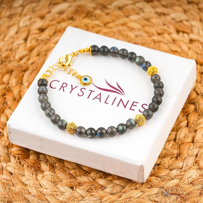 AAA Grade Natural Gemstone Beaded Bracelet, 14K Gold Plated with Evil Charm, Wicca & Reiki Healing Crystals, Handmade Bohemian Jewelry, Christmas Gift for Women (7+1inch)