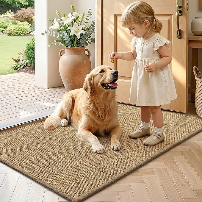 LUMI Indoor Door Mat 20"x32", Non-Slip Handwoven Sisal Rug, Herringbone | Handcrafted Natural Sisal Fibers, Reinforced Edges Resist Fraying, 0.2" Low-Profile Doormat, Dot-Coated Non-Slip Backing