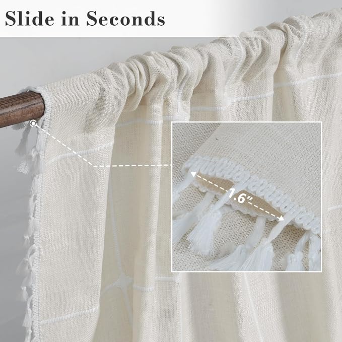 ColorBird Beige Plaid Curtains 84 Inches Long, White Embroidered Gingham Boho Farmhouse Curtains & Drapes for Living Room, Linen Texture Light Filtering Window Treatment for Dining Bedroom