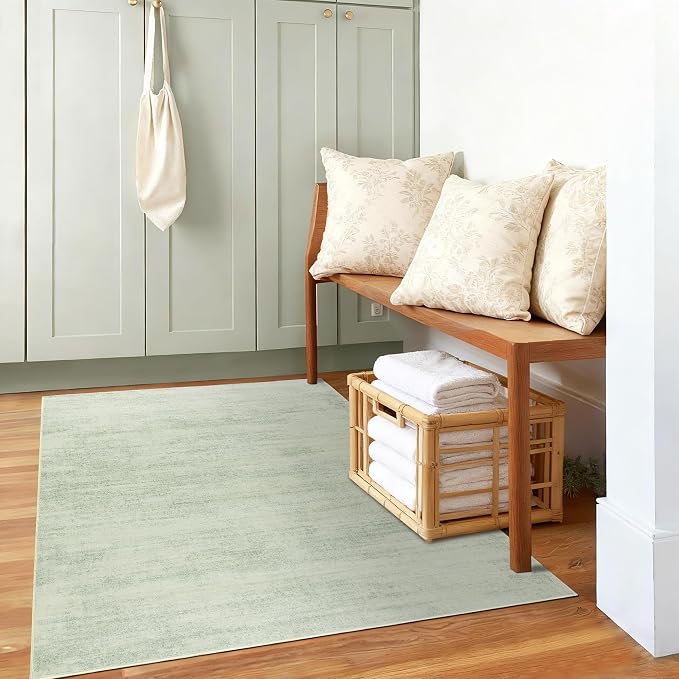 Light Green Rugs for Bedroom Small Low Pile Boho Washbale Area Rug 3x5 | Sage Ombre Carpet, Abstract Modern Aesthetic, with Non Slip Rubber Backed, for Kitchen Entryway Dorm Bathroom, 3 By 5
